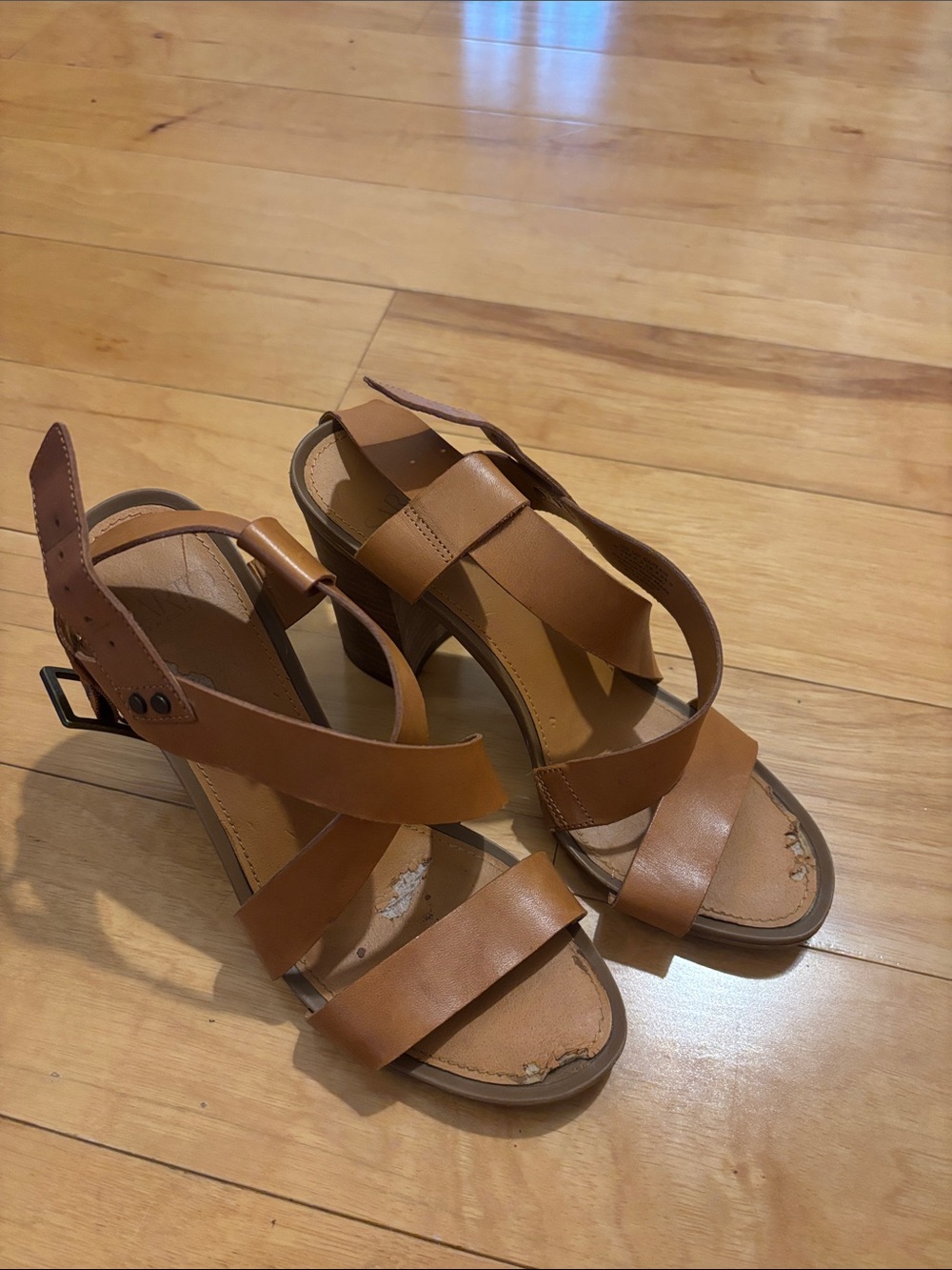 Franco Sarto Tan Leather Strappy Block Heel Sandals